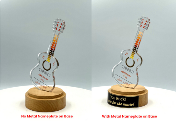 Guitar Acrylic Trophy with Solid Round Wood Base / Music Award / Guitarist Trophy / Artist Award - Acrylic Color Prints - Free Customization