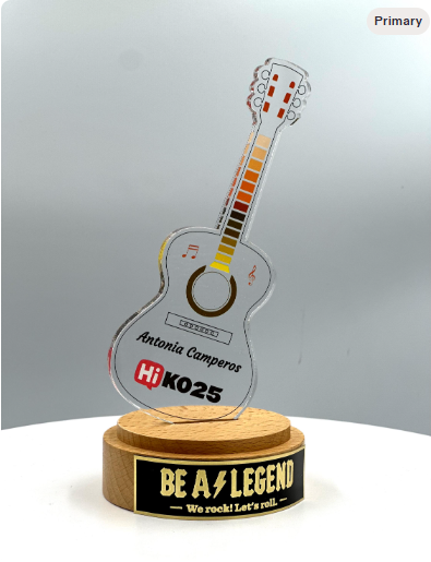 Guitar Acrylic Trophy with Solid Round Wood Base / Music Award / Guitarist Trophy / Artist Award - Acrylic Color Prints - Free Customization