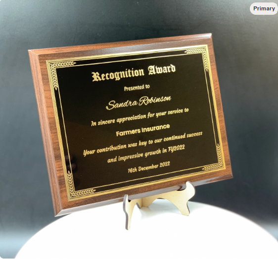 Personalized Engraved Trophy Plaque Award - Walnut / Cherry Trophy Plaque with Gold / Silver Black Metal Plate - Multiple Sizes