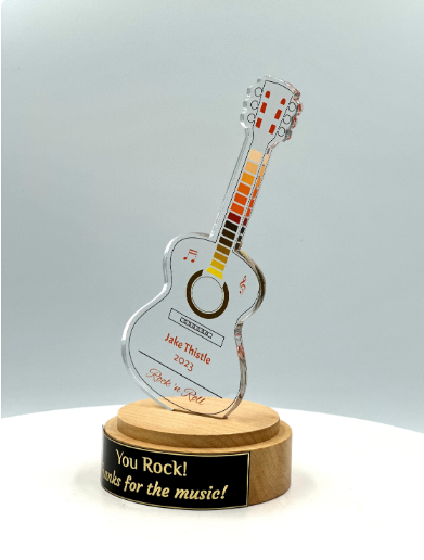 Guitar Acrylic Trophy with Solid Round Wood Base / Music Award / Guitarist Trophy / Artist Award - Acrylic Color Prints - Free Customization