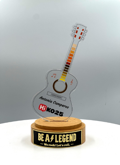 Guitar Acrylic Trophy with Solid Round Wood Base / Music Award / Guitarist Trophy / Artist Award - Acrylic Color Prints - Free Customization