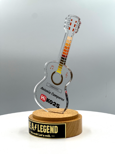 Guitar Acrylic Trophy with Solid Round Wood Base / Music Award / Guitarist Trophy / Artist Award - Acrylic Color Prints - Free Customization