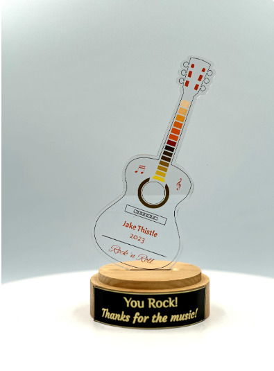 Guitar Acrylic Trophy with Solid Round Wood Base / Music Award / Guitarist Trophy / Artist Award - Acrylic Color Prints - Free Customization