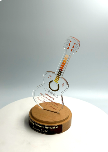 Guitar Acrylic Trophy with Solid Round Wood Base / Music Award / Guitarist Trophy / Artist Award - Acrylic Color Prints - Free Customization