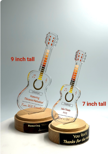 Guitar Acrylic Trophy with Solid Round Wood Base / Music Award / Guitarist Trophy / Artist Award - Acrylic Color Prints - Free Customization