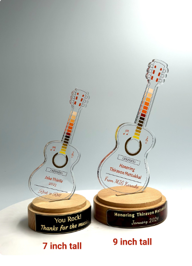 Guitar Acrylic Trophy with Solid Round Wood Base / Music Award / Guitarist Trophy / Artist Award - Acrylic Color Prints - Free Customization