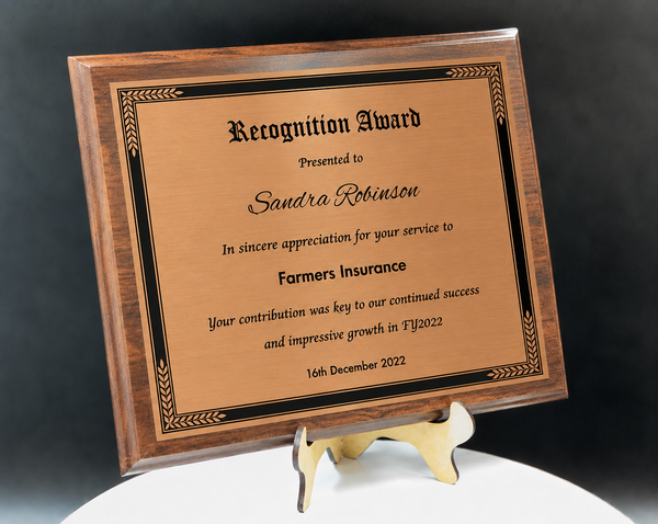 Personalized Engraved Trophy Plaque Award - Walnut / Cherry Trophy Plaque with Black on Gold/Silver/Bronze Metal Plate - Multiple Sizes