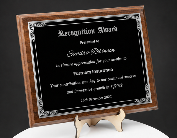 Personalized Engraved Trophy Plaque Award - Walnut / Cherry Trophy Plaque with Silver Black Metal Plate - Multiple Sizes