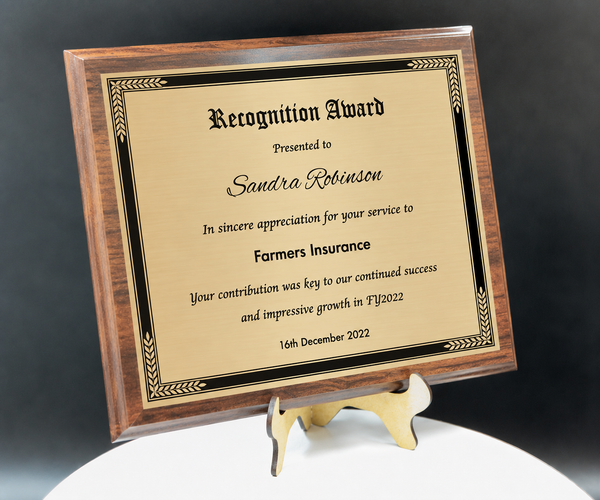 Personalized Engraved Trophy Plaque Award - Walnut / Cherry Trophy Plaque with Black on Gold/Silver/Bronze Metal Plate - Multiple Sizes