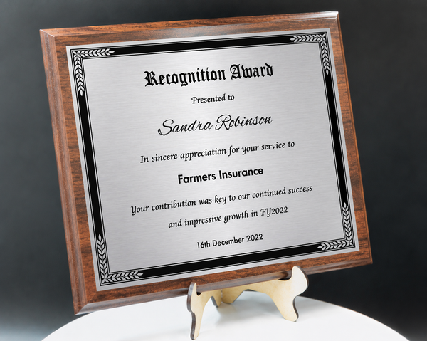 Personalized Engraved Trophy Plaque Award - Walnut / Cherry Trophy Plaque with Black on Gold/Silver/Bronze Metal Plate - Multiple Sizes