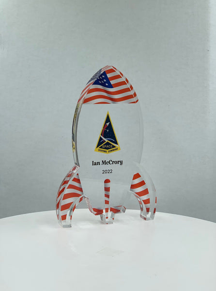 Rocket Trophy / USA Flag Themed Trophy / STEM Award / NASA Space Trophy / Pattern Prints - Acrylic with Color Prints - Free Customization - crafty90