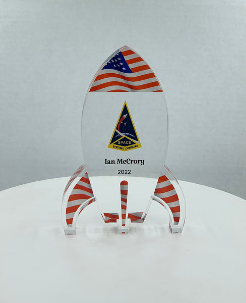 Rocket Trophy / USA Flag Themed Trophy / STEM Award / NASA Space Trophy / Pattern Prints - Acrylic with Color Prints - Free Customization