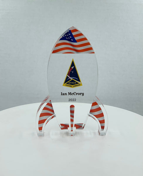 Rocket Trophy / USA Flag Themed Trophy / STEM Award / NASA Space Trophy / Pattern Prints - Acrylic with Color Prints - Free Customization - crafty90